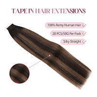 Sixstarhair Tape In Hair Extensions Human Hair Ombre Dark Brown With Medium Brown Balayage Highlights Color Silky Straight Tape