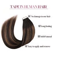 Sixstarhair Tape In Hair Extensions Human Hair Ombre Dark Brown With Medium Brown Balayage Highlights Color Silky Straight Tape