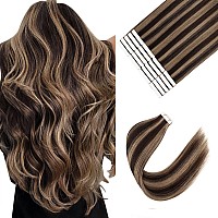 Sixstarhair Tape In Hair Extensions Human Hair Chocolate Brown To Caramel Blonde Highlights Tape In Hair Extensions Silky Straig