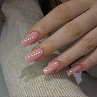 Kqueenest Nude Pink Press On Nails Medium Long Square Solid Color Coffin Nails Press On Acrylic Fake Nails Natural Thick Glue On