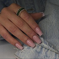 Kqueenest Nude Pink Press On Nails Medium Long Square Solid Color Coffin Nails Press On Acrylic Fake Nails Natural Thick Glue On