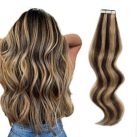 Abh Amazingbeauty Hair 22 Inch Human Tape In Hair Extensions Chocolate Brown Highlighted Caramel Blonde Hair Extensions Tape In