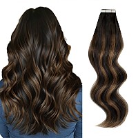 Abh Amazingbeauty Hair Tape In Hair Extensions Human Hair 18 Inch Rooted Darkest Brown Highlighted Chestnut Brown Tape In Extens