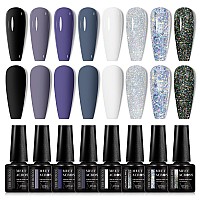 Meet Across Gel Nail Polish Set 8Pcs Grey Gel Nail Polish Kit Soak Off Uvled Nail Polish Nail Art Design Salon Home Gifts For