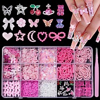 Pink Color 3D Assorted Pearls Gems Charms For Nails Bow Butterfly Heart Bear Star Nail Charms Silver Butterfly Nail Rhinestones