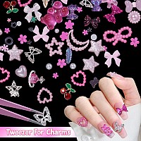 Pink Color 3D Assorted Pearls Gems Charms For Nails Bow Butterfly Heart Bear Star Nail Charms Silver Butterfly Nail Rhinestones