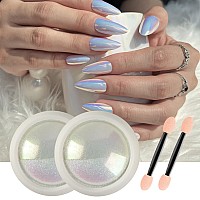 Gzmayuen 2Pcs White Mermaid Nail Chrome Powder Aurora Unicorn Nail Powder Iridescent Powder Pigment For Nails Chameleon Manicure