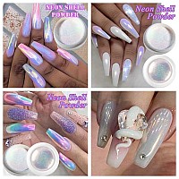 Gzmayuen 2Pcs White Mermaid Nail Chrome Powder Aurora Unicorn Nail Powder Iridescent Powder Pigment For Nails Chameleon Manicure