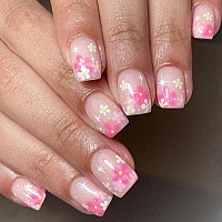 Acrylic Press On Nails Short Square Fake Nails Pink Full Cover False Nails Flower Stars Glue On Nails Glossy Nails Press Ons Art