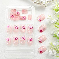 Acrylic Press On Nails Short Square Fake Nails Pink Full Cover False Nails Flower Stars Glue On Nails Glossy Nails Press Ons Art