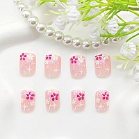 Acrylic Press On Nails Short Square Fake Nails Pink Full Cover False Nails Flower Stars Glue On Nails Glossy Nails Press Ons Art