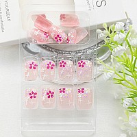 Acrylic Press On Nails Short Square Fake Nails Pink Full Cover False Nails Flower Stars Glue On Nails Glossy Nails Press Ons Art