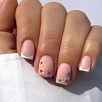 Short Press On Nails Square White French Tip Fake Nails Press Ons Flower Glue On Nails Pink Full Cover Acrylic Nails Glossy Arti