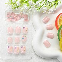 Short Press On Nails Square White French Tip Fake Nails Press Ons Flower Glue On Nails Pink Full Cover Acrylic Nails Glossy Arti