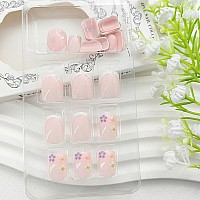 Short Press On Nails Square White French Tip Fake Nails Press Ons Flower Glue On Nails Pink Full Cover Acrylic Nails Glossy Arti