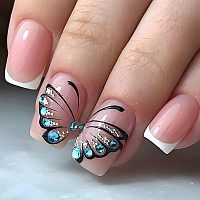 Square Press On Nails Short White French Tip Fake Nails Press Ons Black Butterfly Blue Rhinestones Pearl Glue On Nails Nude Full