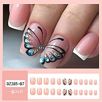 Square Press On Nails Short White French Tip Fake Nails Press Ons Black Butterfly Blue Rhinestones Pearl Glue On Nails Nude Full