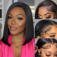 Keytac Glueless Bob Wig Human Hair Pre Plucked 13X6 Frontal Lace Wig 16 Inch Black Bob Wig For Women Straight Short Bob Lace Fr