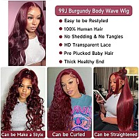 Hengrose Burgundy 13X4 Hd Transparent Body Wave Lace Front Wigs Human Hair 180 Density Natural Hairline Lace Frontal Wigs Gluel