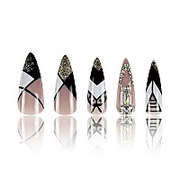 Sinhot Press On Nails Long Stiletto Luxury Rhinestone Fake Nails Glossy Glue On Nails Black Acrylic Nails Almond Bling Gold Glit