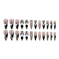 Sinhot Press On Nails Long Stiletto Luxury Rhinestone Fake Nails Glossy Glue On Nails Black Acrylic Nails Almond Bling Gold Glit