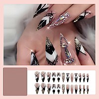 Sinhot Press On Nails Long Stiletto Luxury Rhinestone Fake Nails Glossy Glue On Nails Black Acrylic Nails Almond Bling Gold Glit