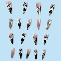 Sinhot Press On Nails Long Stiletto Luxury Rhinestone Fake Nails Glossy Glue On Nails Black Acrylic Nails Almond Bling Gold Glit