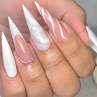 Sinhot Press On Nails Long Stiletto Rhinestones Fake Nails Glossy Glue On Nails Almond Acrylic Nails Silver Glitter Swirl Artifi