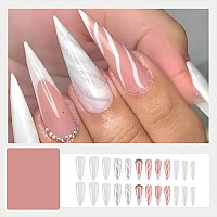 Sinhot Press On Nails Long Stiletto Rhinestones Fake Nails Glossy Glue On Nails Almond Acrylic Nails Silver Glitter Swirl Artifi