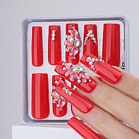 Mqpq Long Square Press On Nails Luxury Red 3D Petal Fake Nails Flower Design Crystal False Nails Artificial Nails For Women And