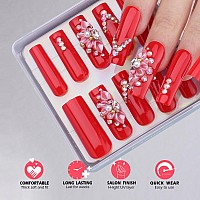 Mqpq Long Square Press On Nails Luxury Red 3D Petal Fake Nails Flower Design Crystal False Nails Artificial Nails For Women And