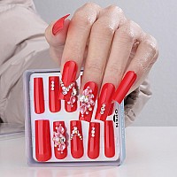 Mqpq Long Square Press On Nails Luxury Red 3D Petal Fake Nails Flower Design Crystal False Nails Artificial Nails For Women And