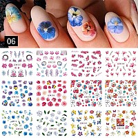 Maiousu Store 12 Sheets Flower Water Transfer Nail Decals Fresh Nail Stickers With Assorted Patterns Colorful Blossom Flower Lea