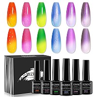 Mizhse Color Changing Gel Nail Polish 6 Colors Pearl Aurora Thremal Mood Changing Gel Polish Temperature Changing Soak Off Nail