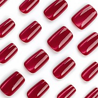 Bfy Cat Eye Press On Nails Medium Square Fake Nails Red Gel Acrylic Nails Holographic Glitter Glossy False Nails Kits Salon Qu