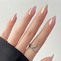 Bfy Chrome Nude Press On Nails Medium Almond Fake Nails Elegant Gel Acrylic Nails With Nail Glue Shiny Glossy False Nails Kits