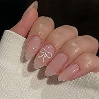 Bfy Ice Nude Press On Nails Medium Almond Fake Nails Elegant Bow Rhinestone Gel Acrylic Nails With Nail Glue Shiny Glossy Fals