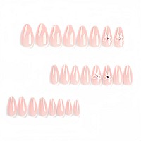 Bfy Ice Nude Press On Nails Medium Almond Fake Nails Elegant Bow Rhinestone Gel Acrylic Nails With Nail Glue Shiny Glossy Fals