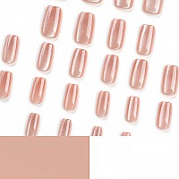 Bfy Cat Eye Press On Nails Medium Square Fake Nails Brown Gel Acrylic Nails Holographic Glitter Glossy False Nails Kits Salon