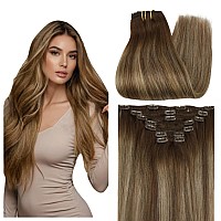 Full Shine Clip In Hair Extensions Balayage Human Hair Clip In Extensions Brown Mix Honey Blonde 4244 Ombre Clip In Extensions