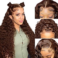 Brown Curly Lace Front Wigs Human Hair 30Inch Brown Deep Wave Lace Front Wig Human Hair 180 Density Chocolate Colored Pre Pluck