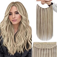 Fshine Invisible Wire Hair Extensions Real Human Hair Ash Blonde Highlighted Bleach Blonde Secret Hair Extensions Clip Ins With