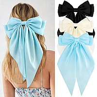 Velscrun Womens Hair Bows Set 3Pcs Silky Satin Oversized Barrettes With Long Tail Ribbons In White Black And Bright Blue