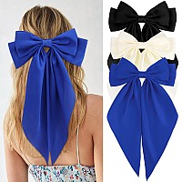 Velscrun Hair Accessories 3Pcs Silky Satin Oversized Hair Bows And Barrettes In White Black And Dark Blue Large Ribbons Wit