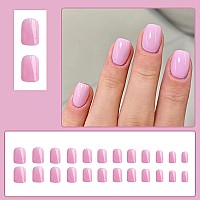 24 Pcs Pink Press On Nails Short Square Riicfdd Fake Nails Solid Color Designs False Nails Full Cover Stick On Nails Glossy Pres