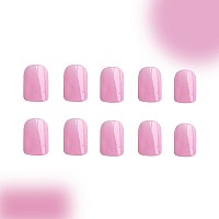 24 Pcs Pink Press On Nails Short Square Riicfdd Fake Nails Solid Color Designs False Nails Full Cover Stick On Nails Glossy Pres