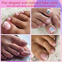 Addfavor 120Pcs White French Tip Press On Toenails Nude French Toe Nails Press Ons Short Square Glossy Acrylic False Toes Nail