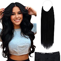 Fshine Invisible Wire Hair Extensions Real Human Hair Jet Black Secret Hairpiece Transparent Fish Line Black Wire Human Hair Ext