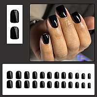 24 Pcs Dark Black Press On Nails Riicfdd Solid Color Designs Fake Nails Short Square False Nails Full Cover Stick On Nails Gloss