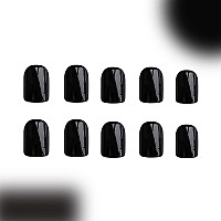 24 Pcs Dark Black Press On Nails Riicfdd Solid Color Designs Fake Nails Short Square False Nails Full Cover Stick On Nails Gloss